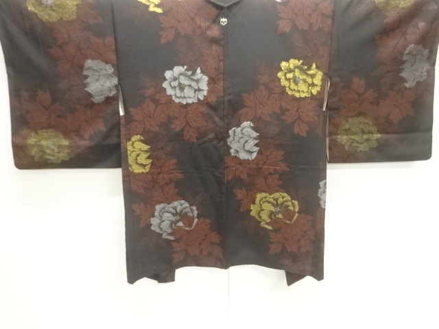 JAPANESE ANTIQUE HAORI / TAISHO ROMAN STYLE / URUSHI / WOVEN PEONY